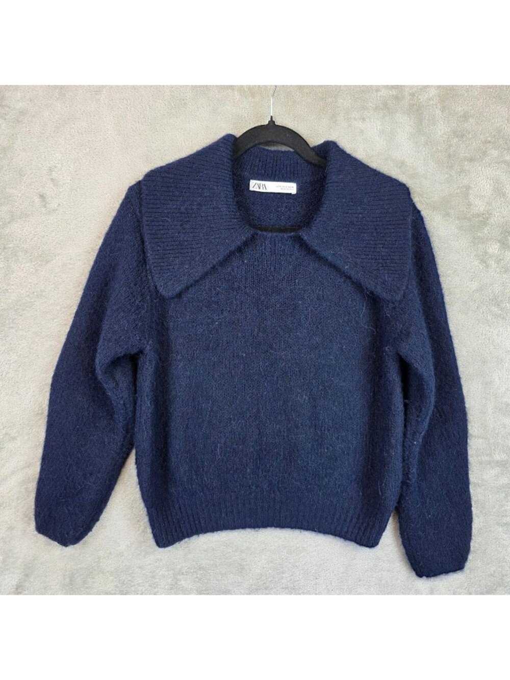 Zara Sweater Womens S Blue Oversized Collar Fuzzy Knit Long Sleeve Pullover
